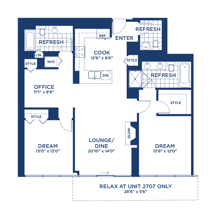 Rendering of the Penthouse 2707 floor plan with 2 bedroom[s] and 2.5 bathroom[s] at burnhampointechicago