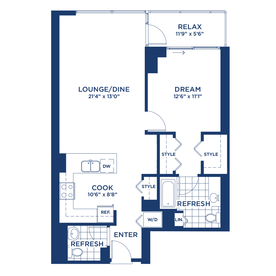 Rendering of the Residence 11 floor plan with 1 bedroom[s] and 1.5 bathroom[s] at burnhampointechicago