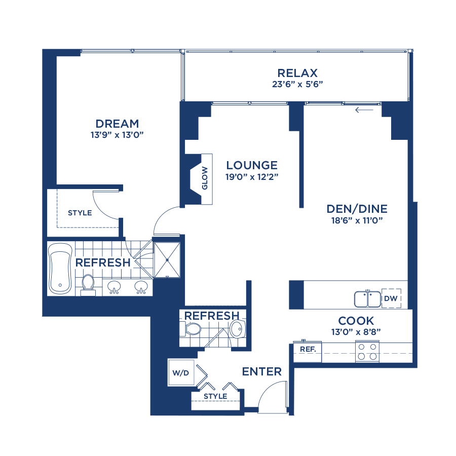 Rendering of the Penthouse 2812 floor plan with 1 bedroom[s] and 1.5 bathroom[s] at burnhampointechicago