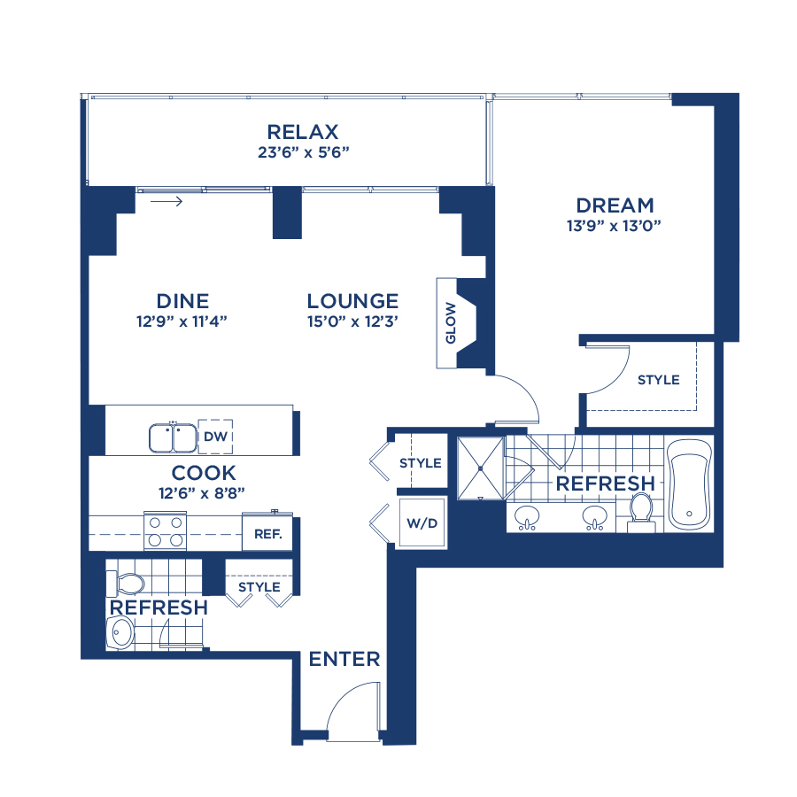 Rendering of the Penthouse 2801 floor plan with 1 bedroom[s] and 1.5 bathroom[s] at burnhampointechicago