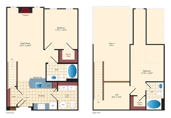 2 Bed/2 Bath Two Story floor plan