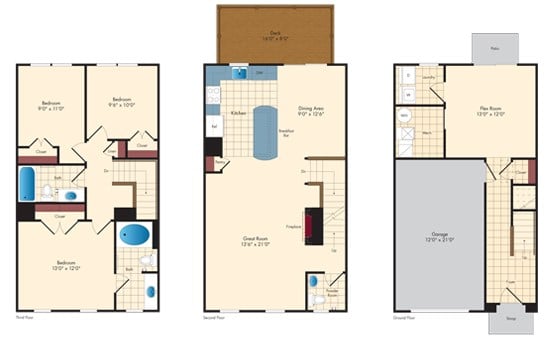 3 Bed/2 Bath TH w/1 Car Garage-Front floor plan