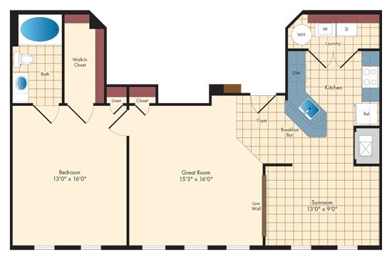 1 Bed/1 Bath w/Sunroom floor plan