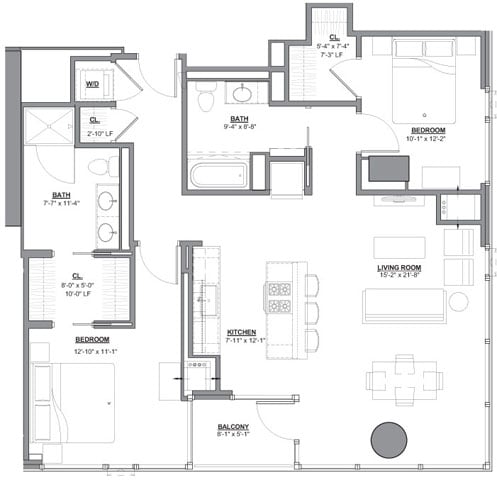 2 Bed/2 Bath-2D-1 floor plan