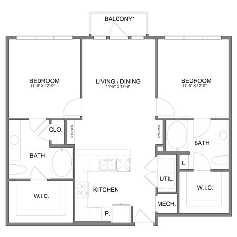 Rendering of the B1 floor plan with 2 bedroom[s] and 2 bathroom[s] at Hudson at Austin Ranch