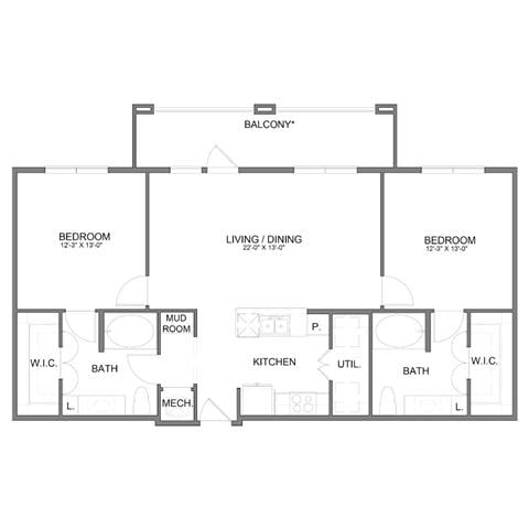 Rendering of the B3 floor plan with 2 bedroom[s] and 2 bathroom[s] at Hudson at Austin Ranch