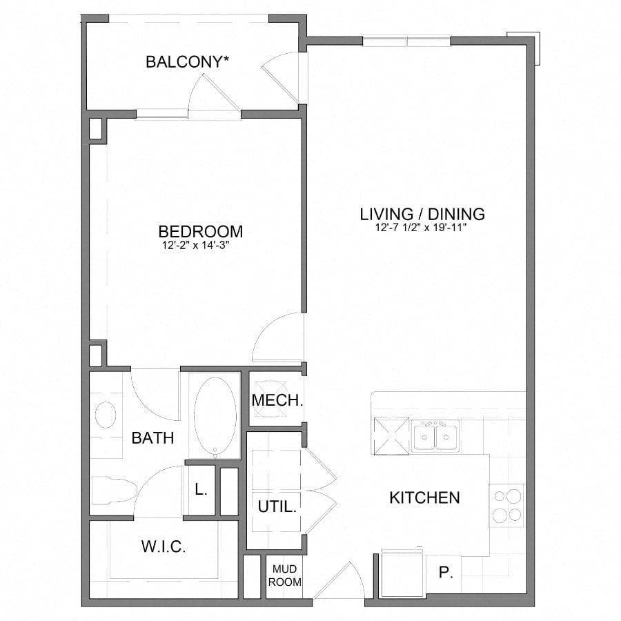 Rendering of the HHA7 floor plan with 1 bedroom[s] and 1 bathroom[s] at Hudson at Austin Ranch