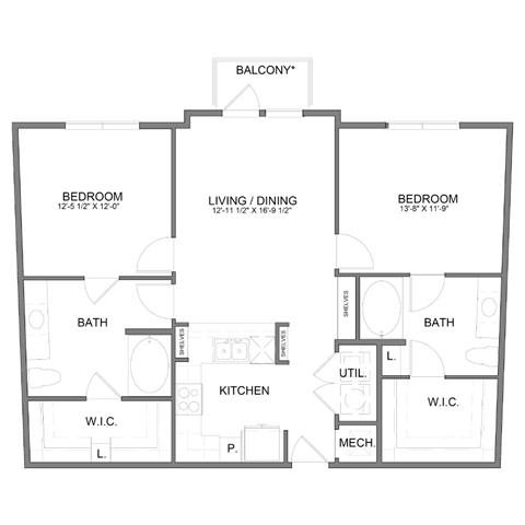 Rendering of the B5 floor plan with 2 bedroom[s] and 2 bathroom[s] at Hudson at Austin Ranch