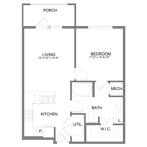 Rendering of the A3 floor plan with 1 bedroom[s] and 1 bathroom[s] at Hudson at Austin Ranch
