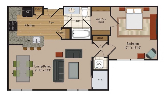 Rendering of the A15 floor plan with 1 bedroom[s] and 1 bathroom[s] at Windsor Leesburg