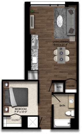 Rendering of the 1 Bed/1 Bath JR-5E floor plan with 1 bedroom[s] and 1 bathroom[s] at Parc Riverside