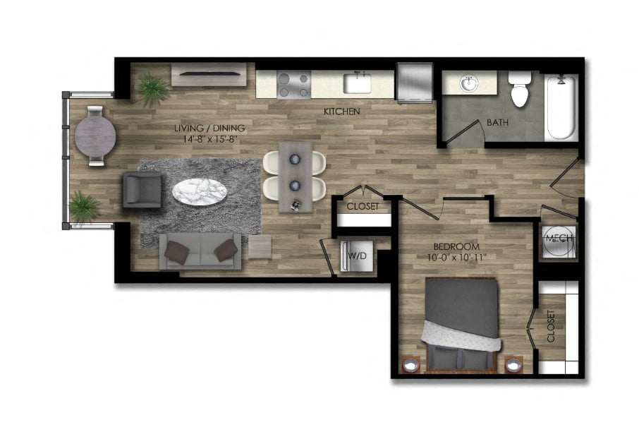 1 Bed/1 Bath JR-23W floor plan