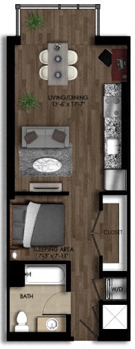 Rendering of the Studio-2E floor plan with a Studio bedroom and 1 bathroom[s] at Parc Riverside