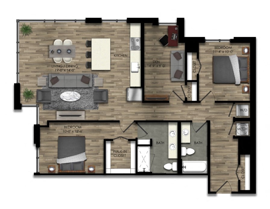 Rendering of the 2 Bed/2 Bath Den-20W floor plan with 2 bedroom[s] and 2 bathroom[s] at Parc Riverside