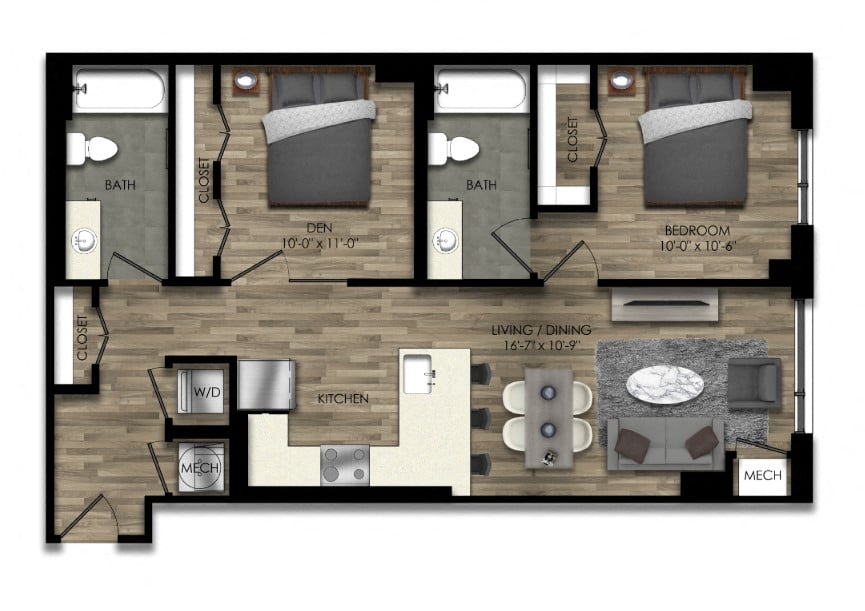 1 Bed/2 Bath Den-25W floor plan