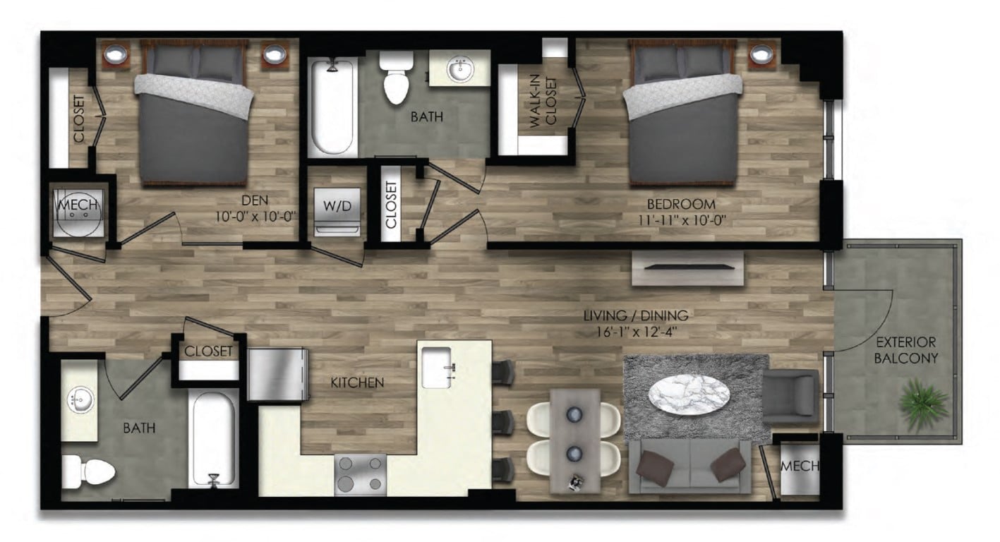 1 Bed/2 Bath Den-22W floor plan