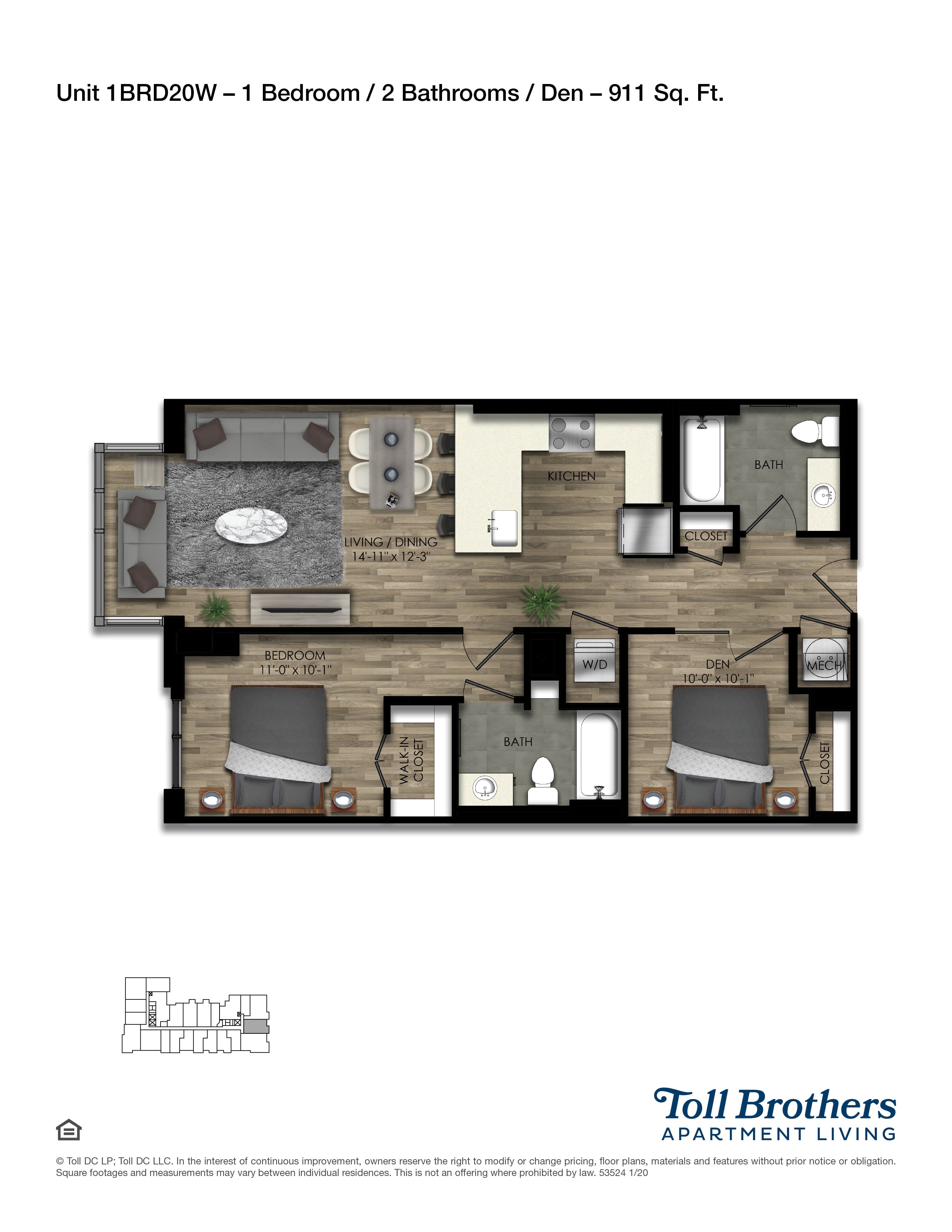 1 Bed/2 Bath Den-20W floor plan