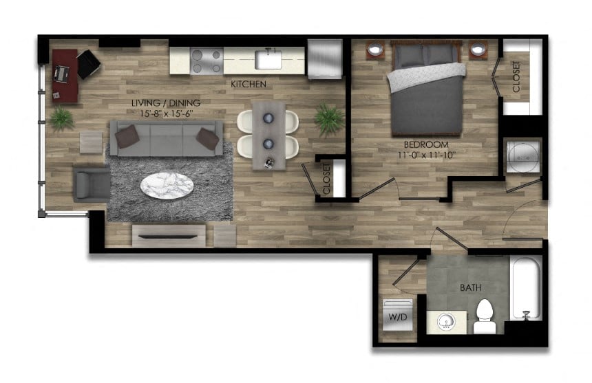 Rendering of the 1 Bed/1 Bath JR-20W floor plan with 1 bedroom[s] and 1 bathroom[s] at Parc Riverside