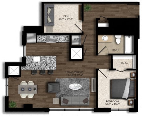 Rendering of the 1 Bed/2 Bath Den-7E floor plan with 1 bedroom[s] and 2 bathroom[s] at Parc Riverside
