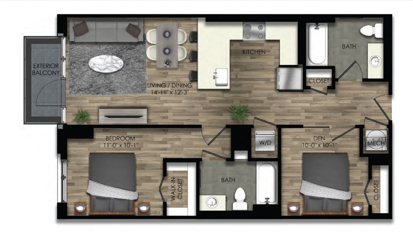 1 Bed/2 Bath Den-21W floor plan