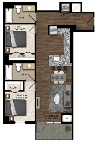1 Bed/2 Bath Den-2E floor plan