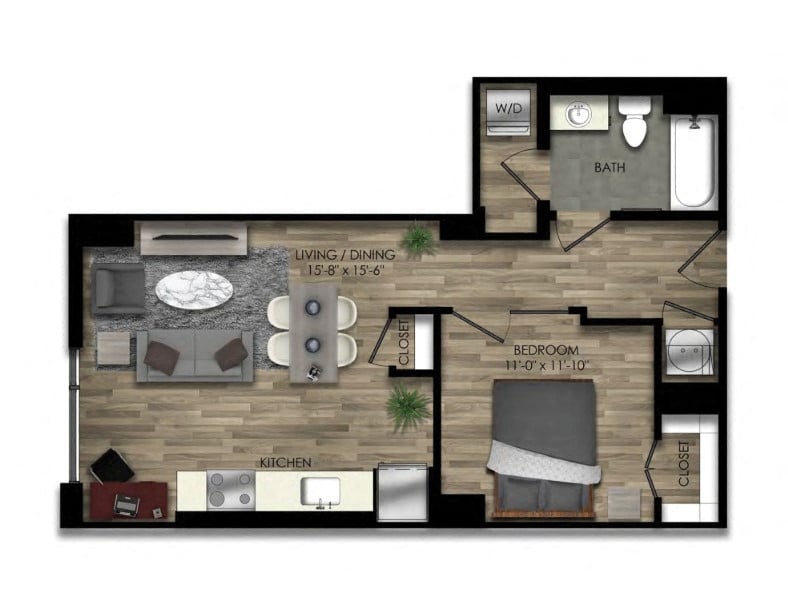 1 Bed/1 Bath JR-21W floor plan