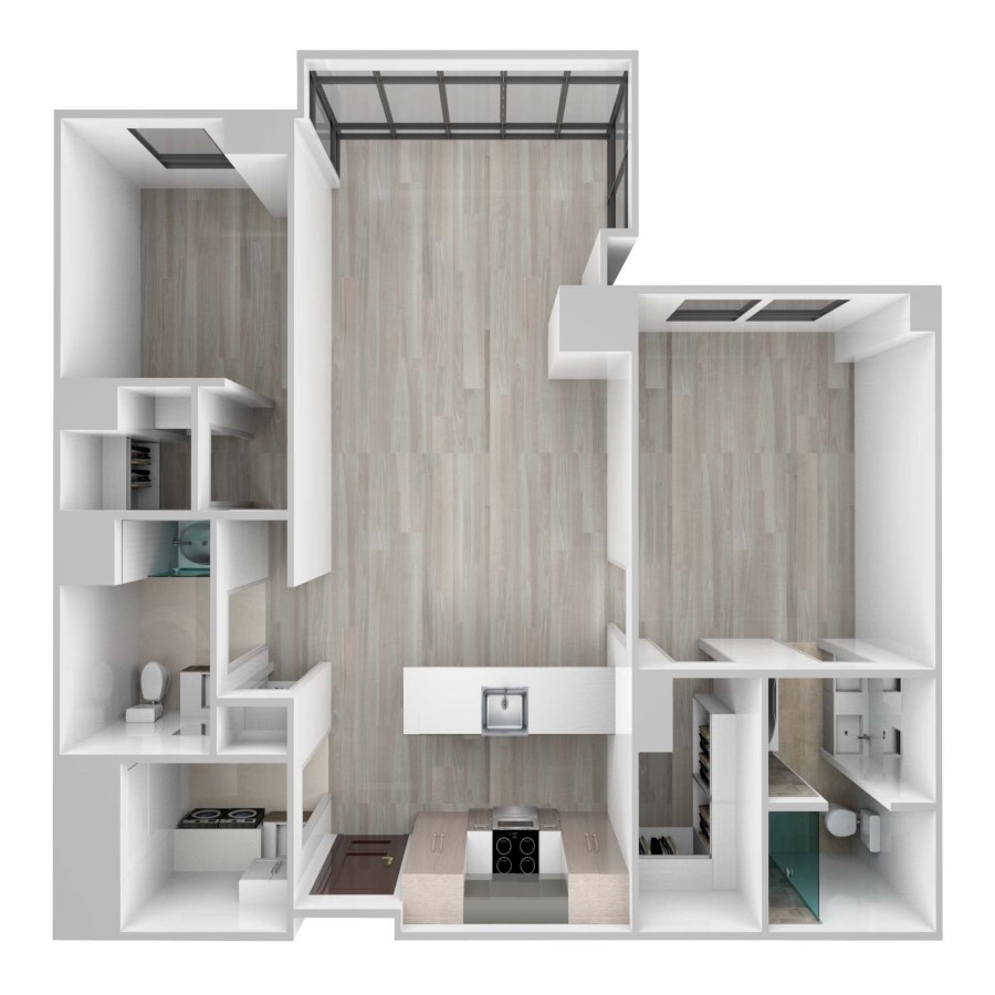 Rendering of the Residences 02 floor plan with 2 bedroom[s] and 2 bathroom[s] at 61banksstreet