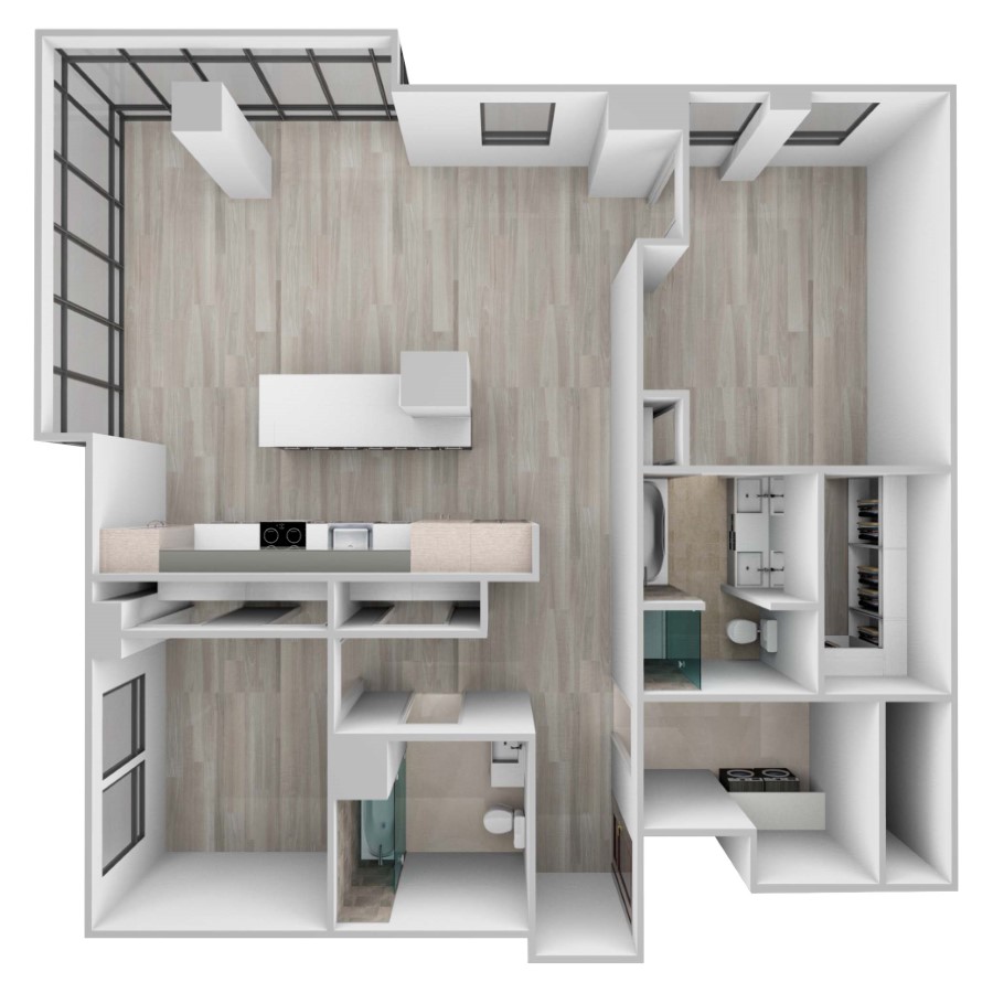 Rendering of the Residences 01 floor plan with 2 bedroom[s] and 2 bathroom[s] at 61banksstreet