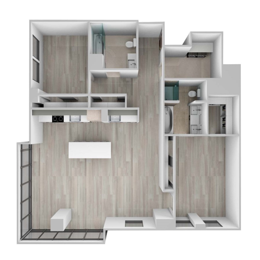 Rendering of the Residences 09 floor plan with 2 bedroom[s] and 2 bathroom[s] at 61banksstreet