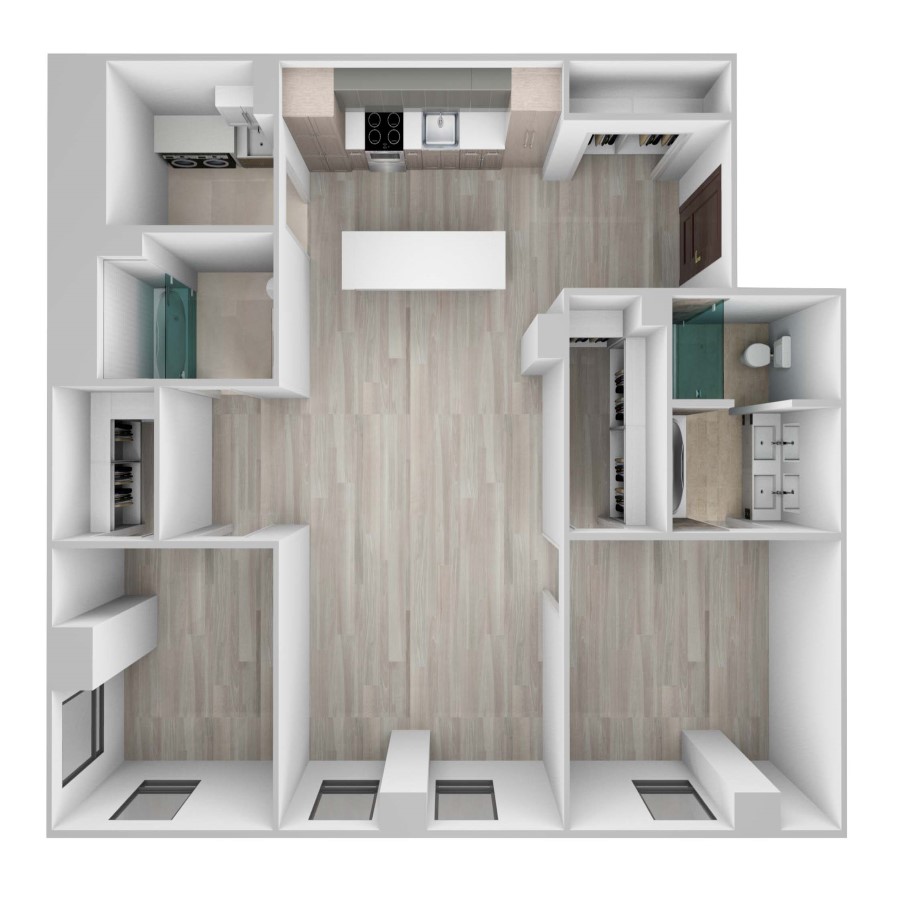 Rendering of the Residence 208 floor plan with 2 bedroom[s] and 2 bathroom[s] at 61banksstreet