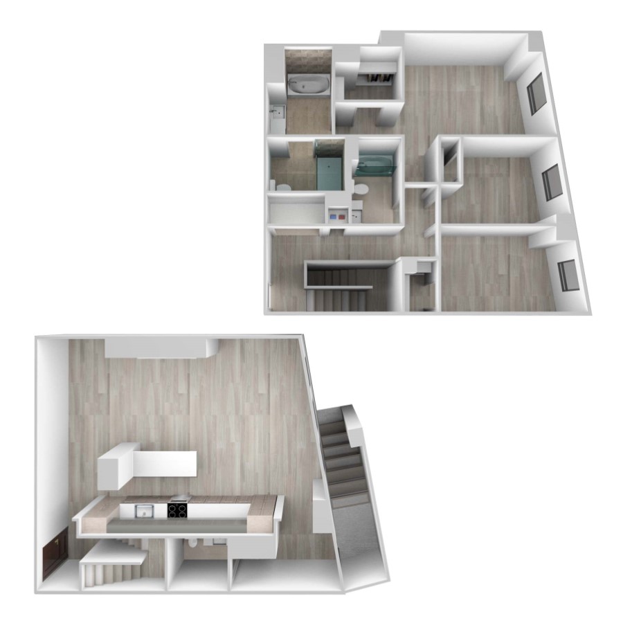 Rendering of the 1322 N. Lakeshore Dr. floor plan with 3 bedroom[s] and 2.5 bathroom[s] at 61banksstreet