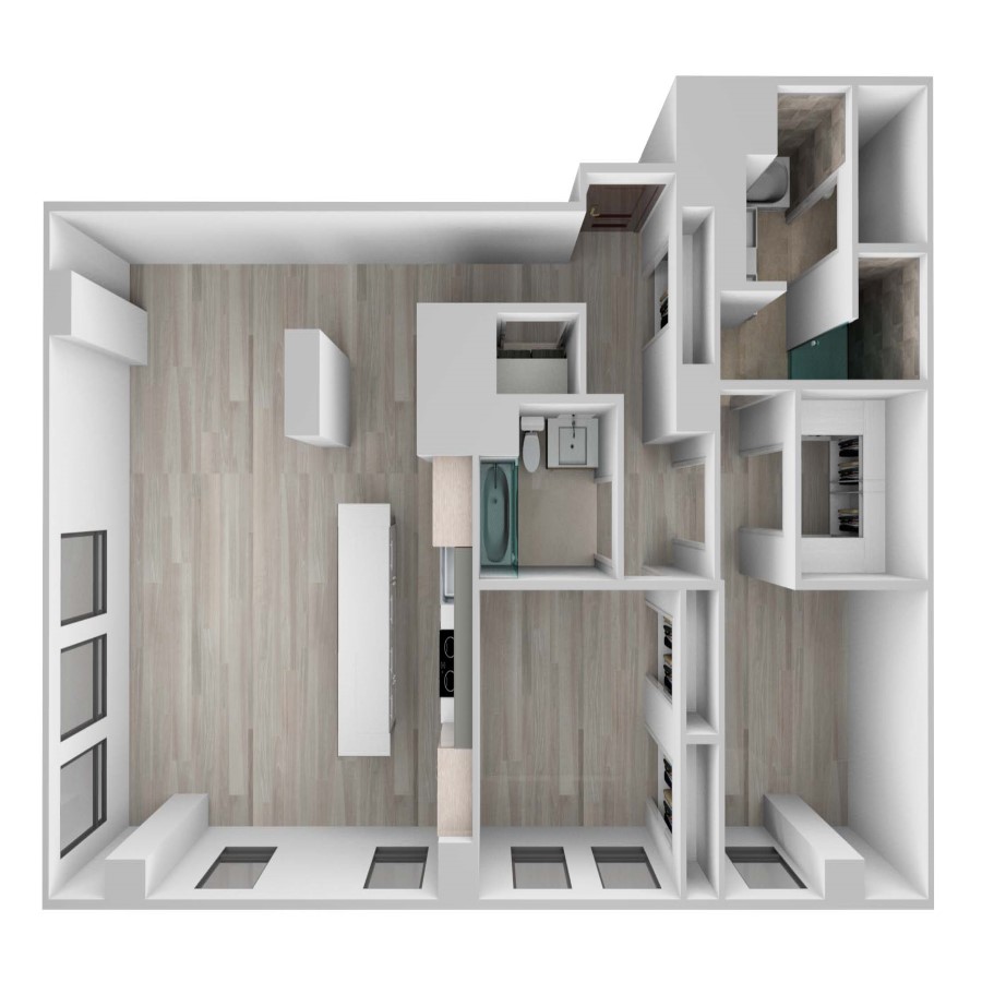 Rendering of the Residence 209 floor plan with 2 bedroom[s] and 2 bathroom[s] at 61banksstreet