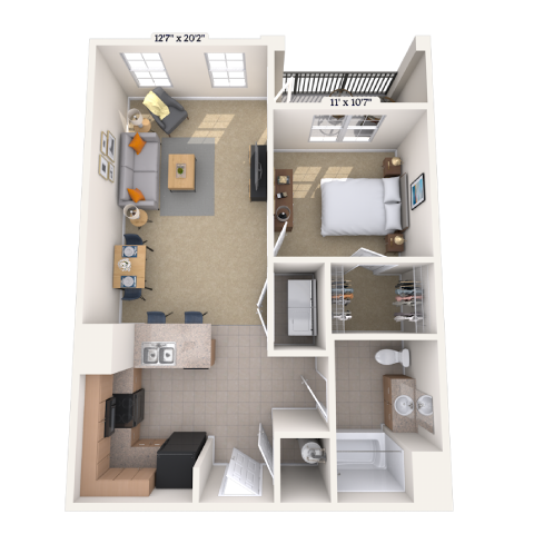Traditional 1x1 703-859 SF floor plan