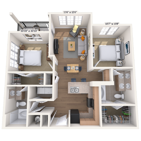Traditional 2x2 993-1015 SF floor plan
