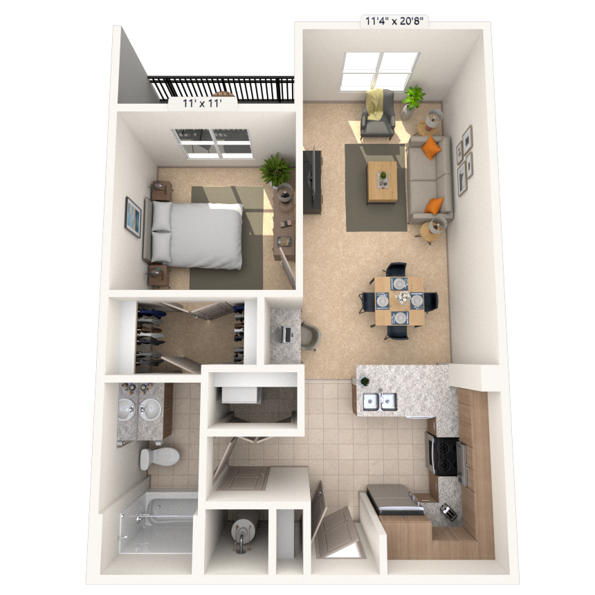 Traditional 1x1 672-689 SF floor plan