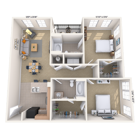 Traditional 2x2 1042-1323 SF floor plan