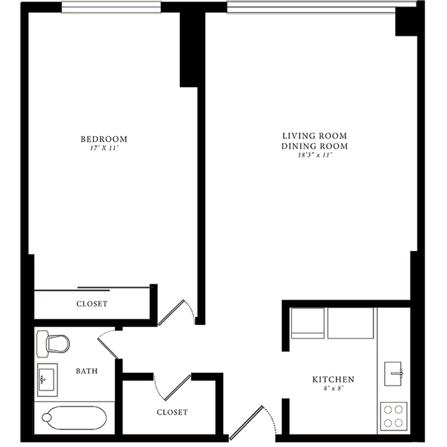 Rendering of the Tier 13 floor plan with 1 bedroom[s] and 1 bathroom[s] at 1350northlakeshore