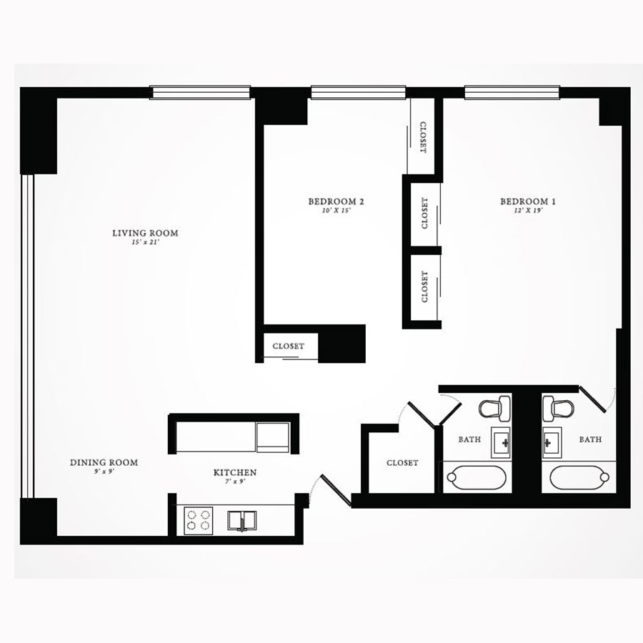 Rendering of the Tier 15 floor plan with 2 bedroom[s] and 2 bathroom[s] at 1350northlakeshore