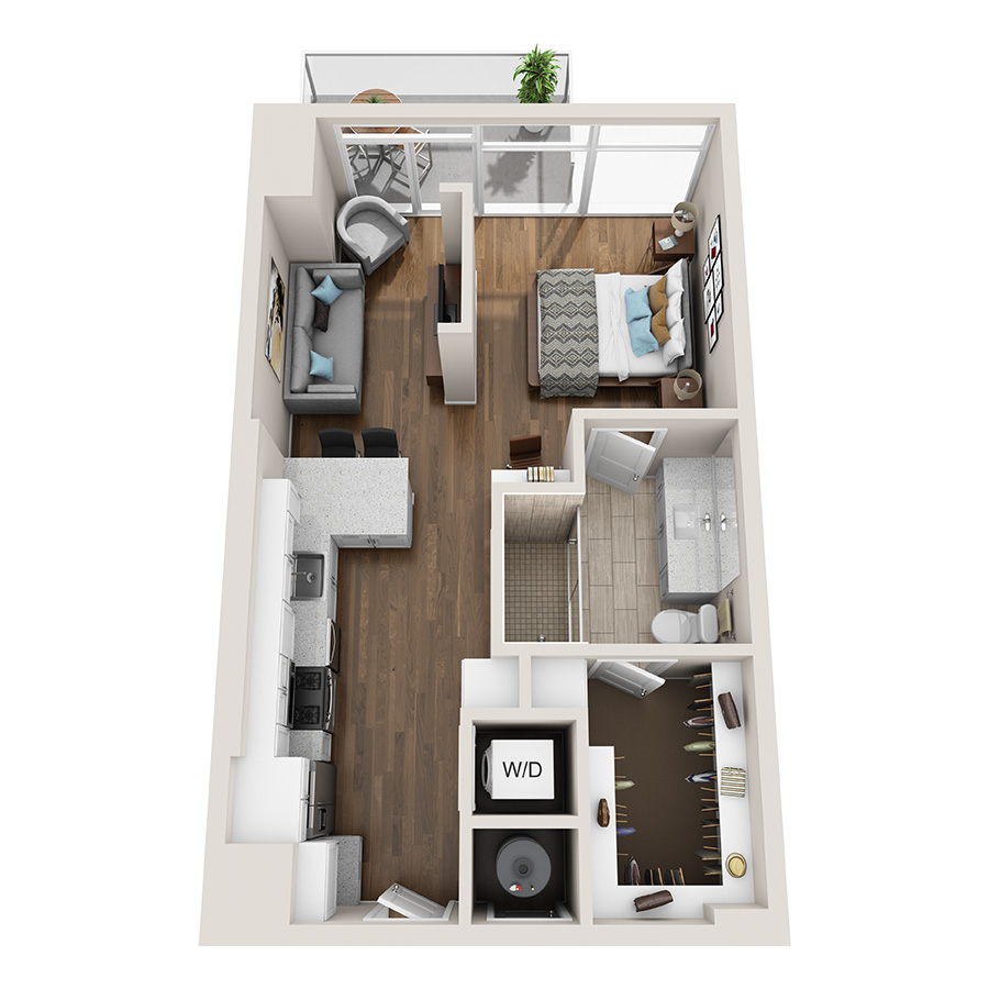 #1109 - Studio floorplan layout with 1 bathroom and 621 square feet