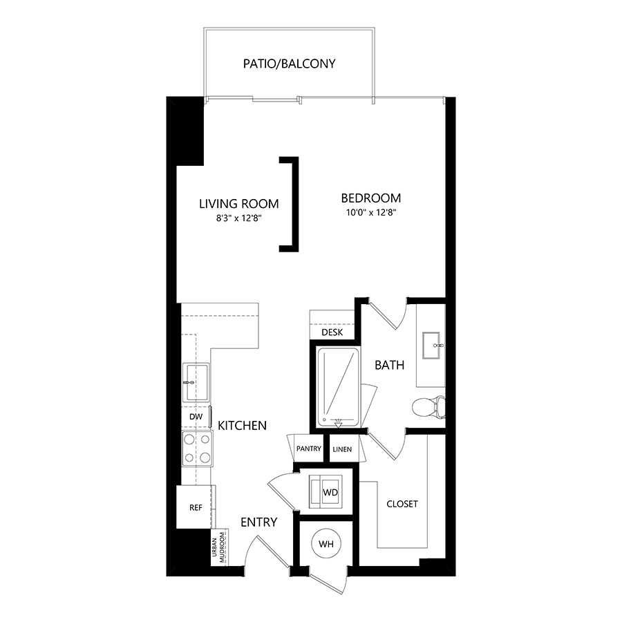 #1909 - Studio floorplan layout with 1 bathroom and 621 square feet