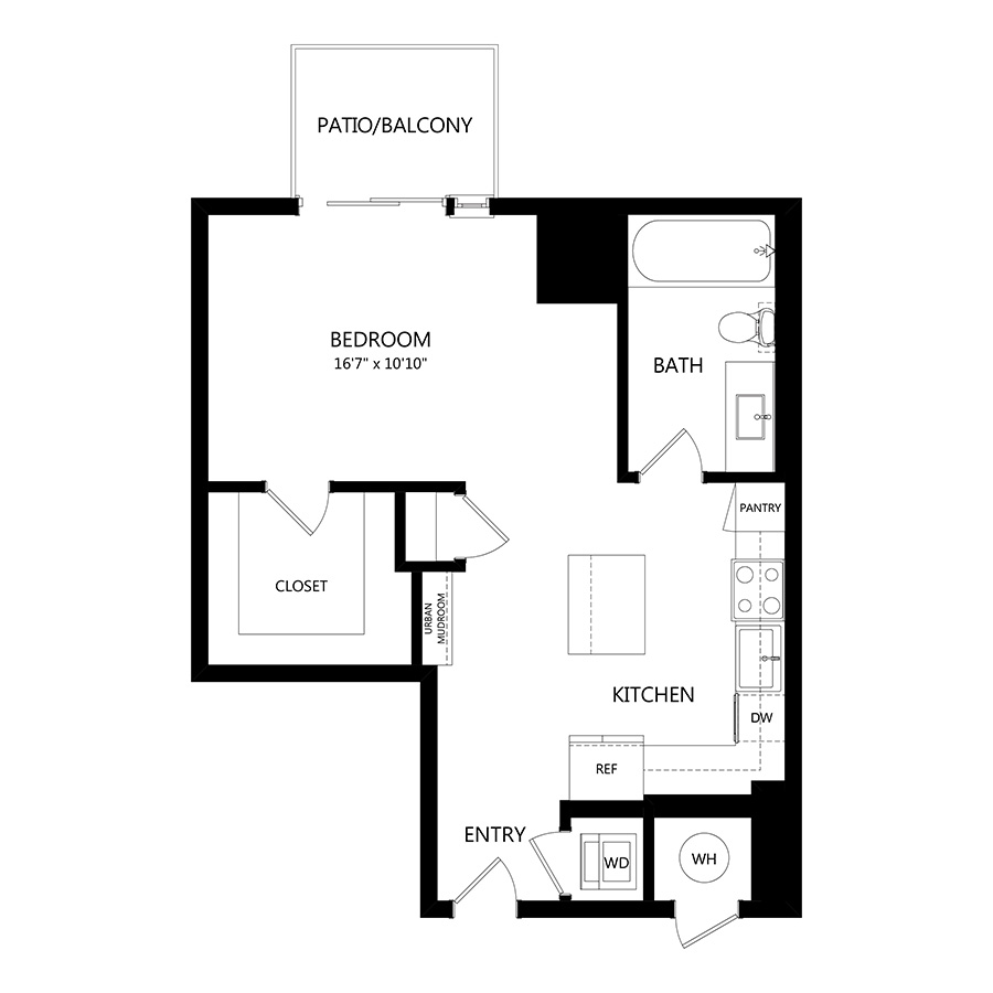 #1101 - Studio floorplan layout with 1 bathroom and 610 square feet