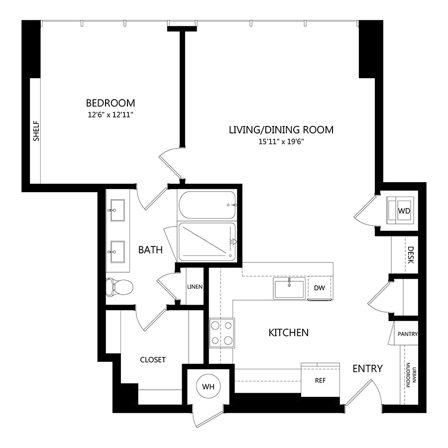 #2110 - 1 bedroom floorplan layout with 1 bathroom and 895 square feet