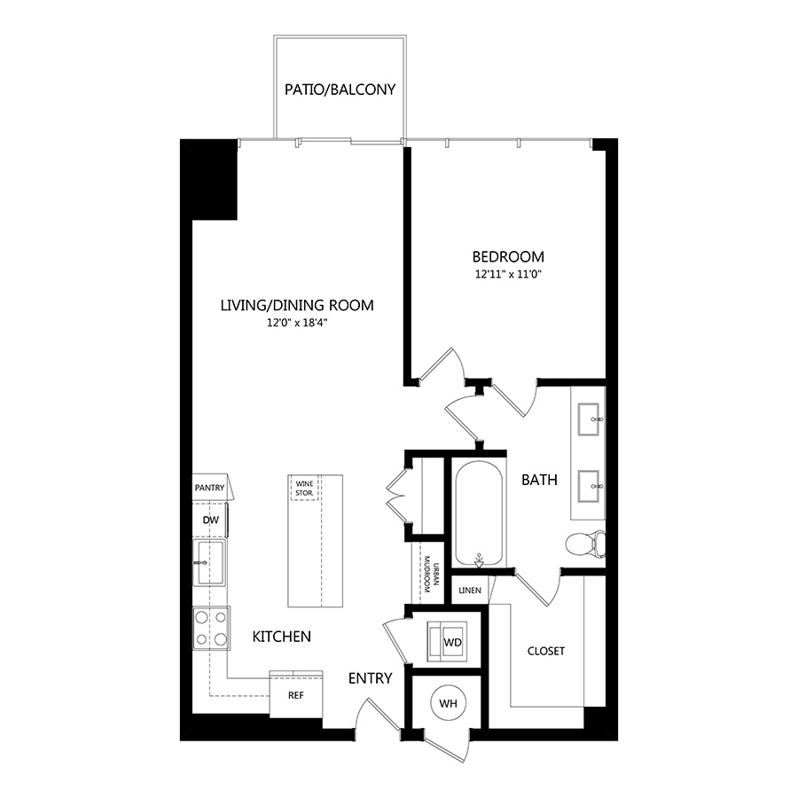 #914 - 1 bedroom floorplan layout with 1 bathroom and 825 square feet