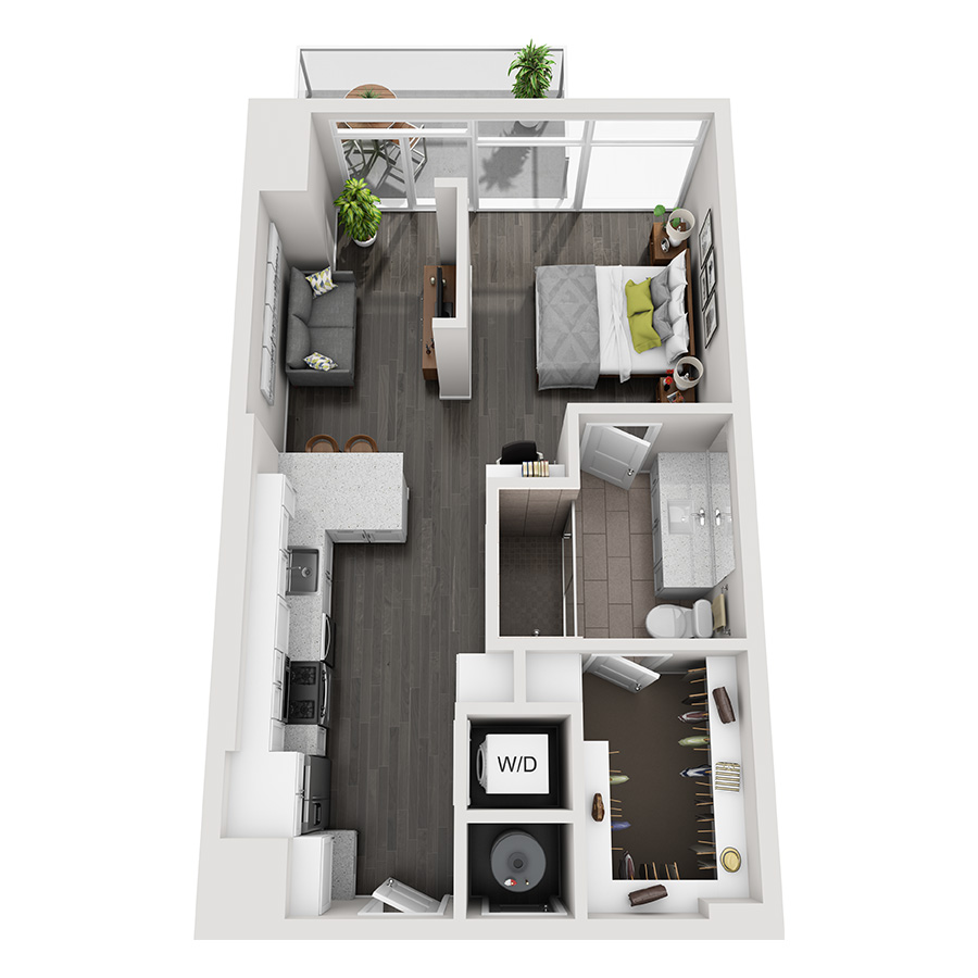 #1909 - Studio floorplan layout with 1 bathroom and 621 square feet