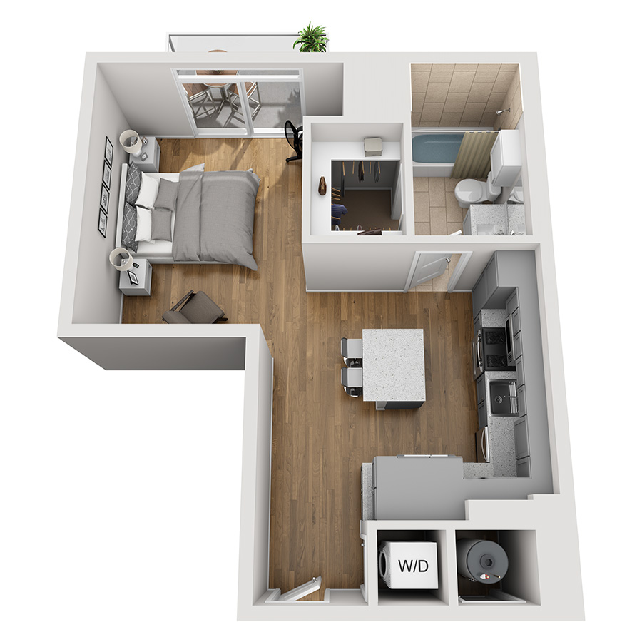 #1201 - Studio floorplan layout with 1 bathroom and 578 square feet