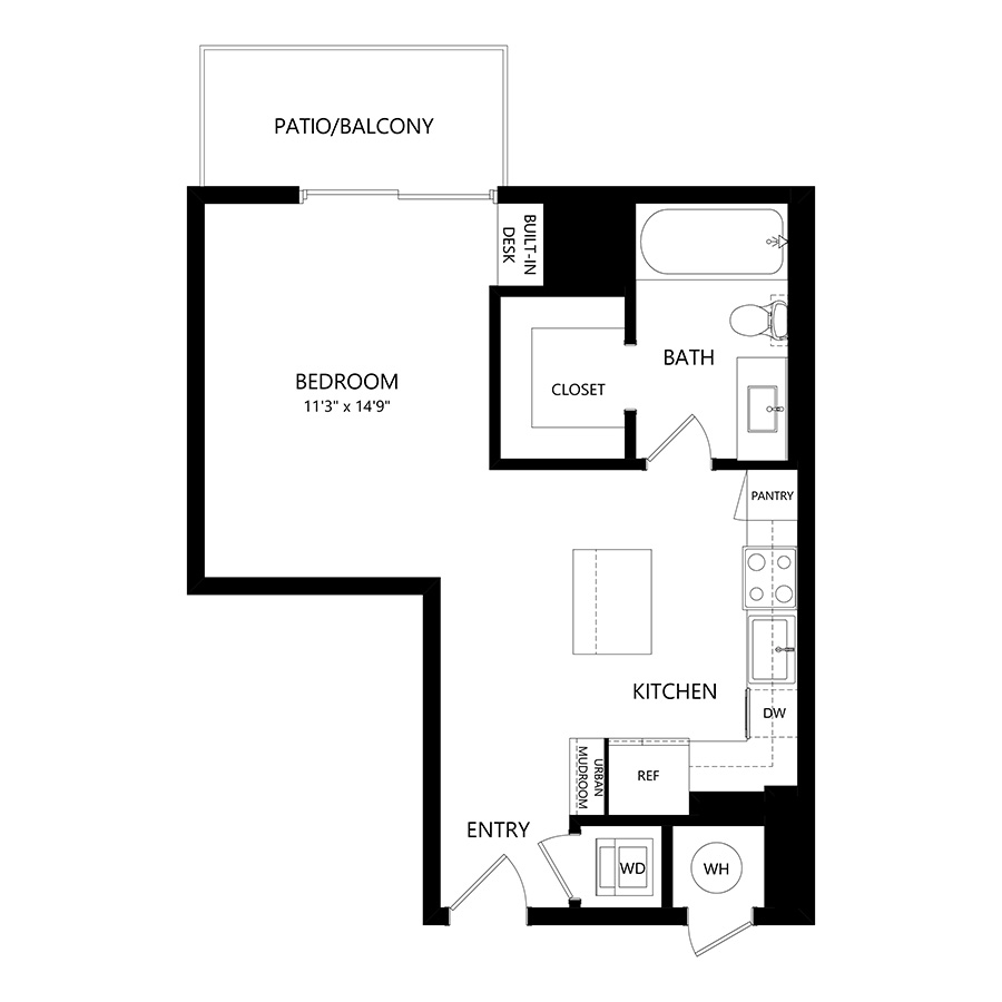 #1201 - Studio floorplan layout with 1 bathroom and 578 square feet