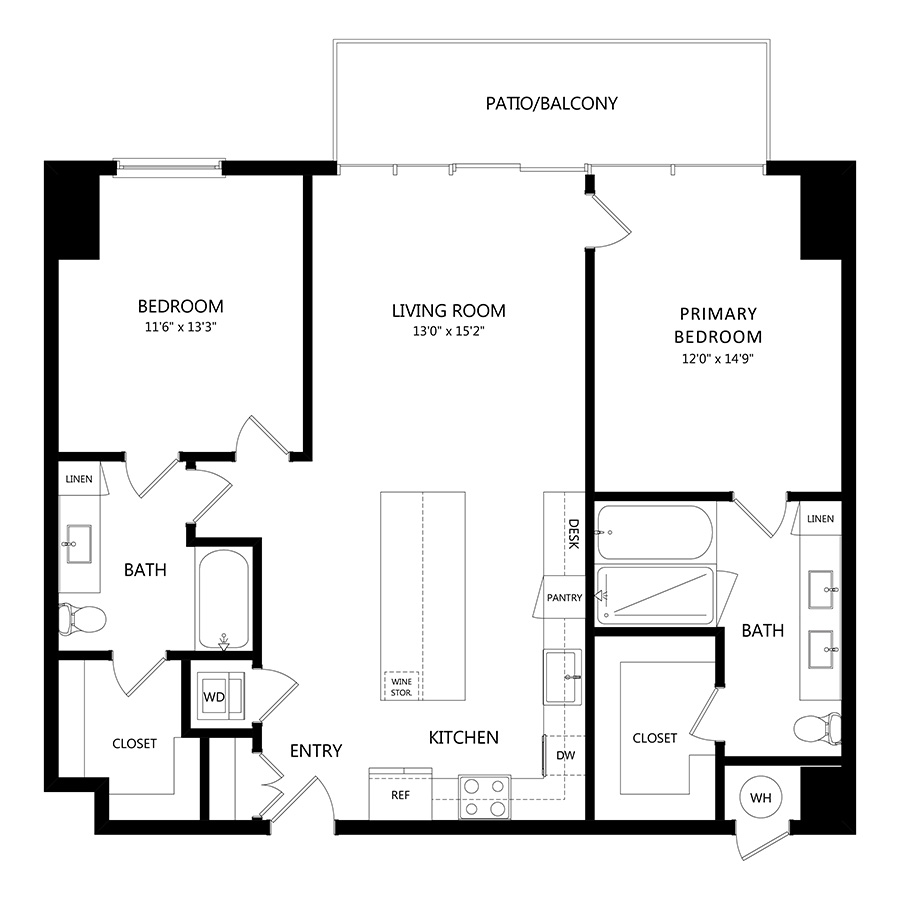 #2008 - 2 bedroom floorplan layout with 2 bathrooms and 1234 square feet