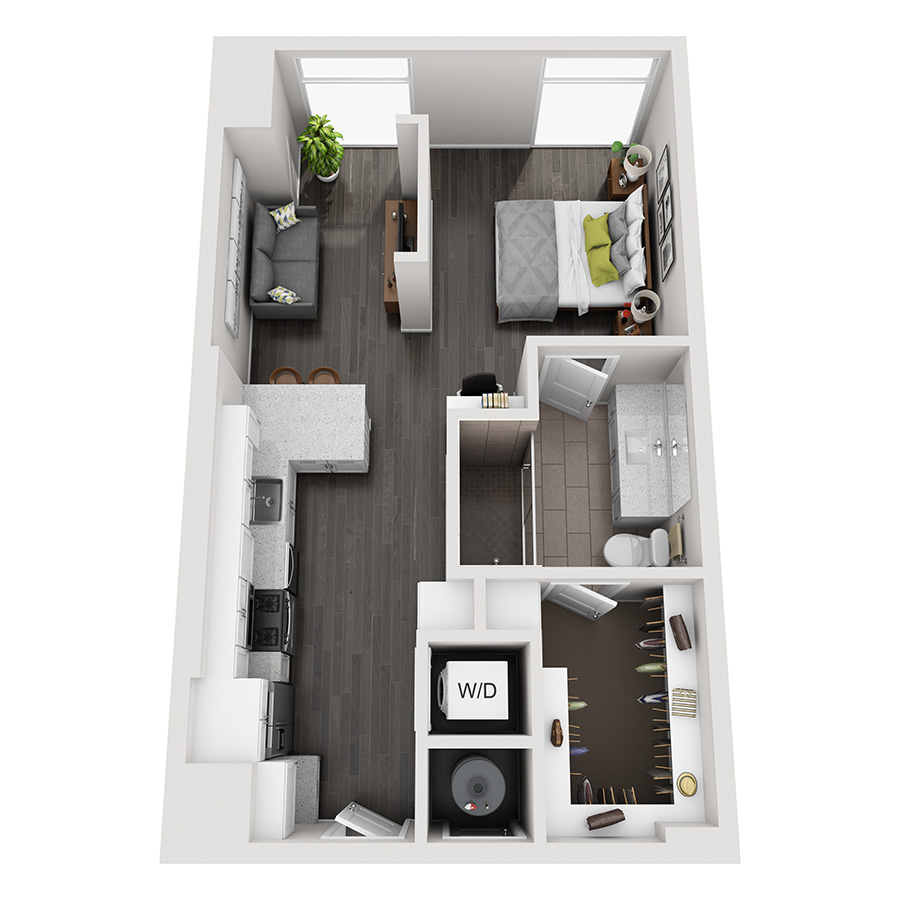 #1610 - Studio floorplan layout with 1 bathroom and 621 square feet