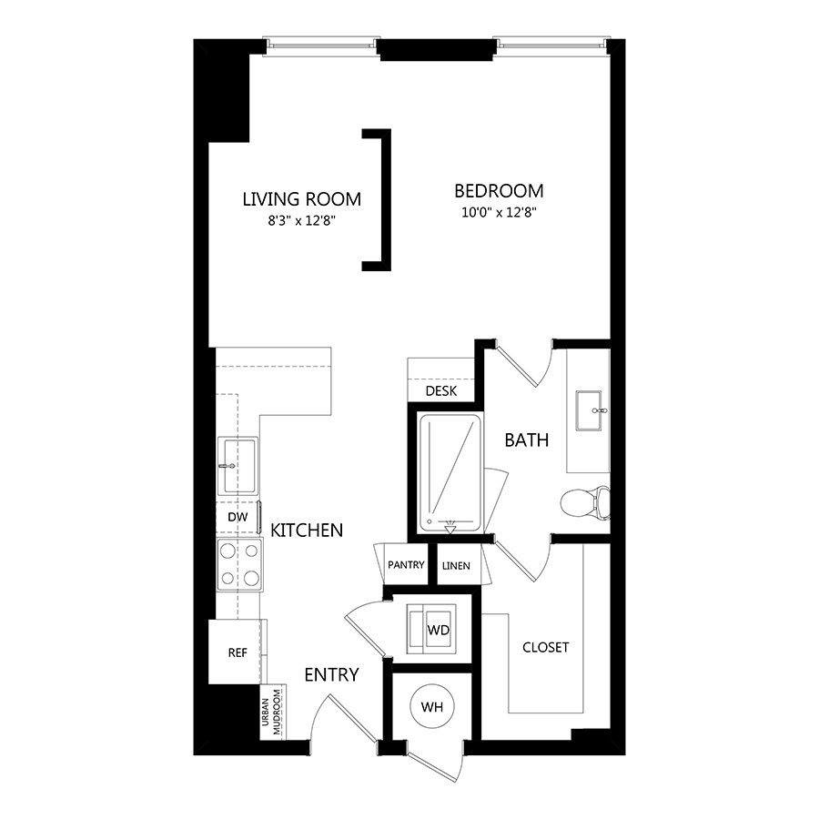 #1610 - Studio floorplan layout with 1 bathroom and 621 square feet