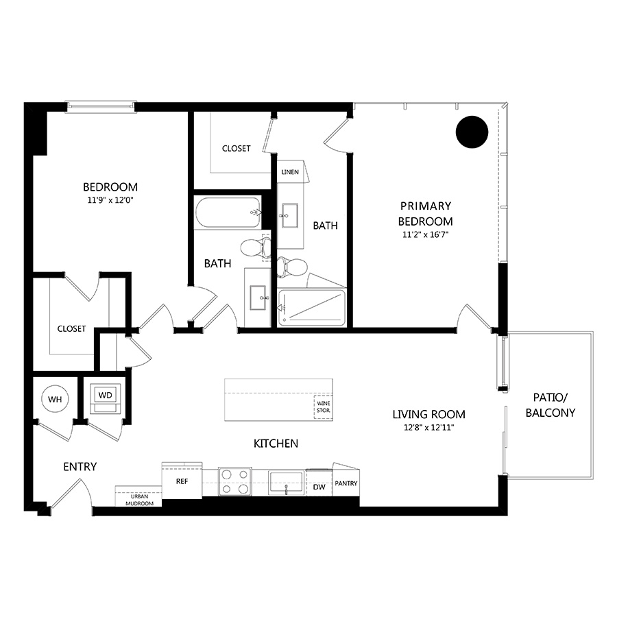 #2204 - 2 bedroom floorplan layout with 2 bathrooms and 1112 square feet